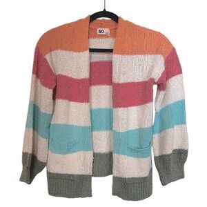 SO multi color striped open front cardigan with pockets size Large (10/12)